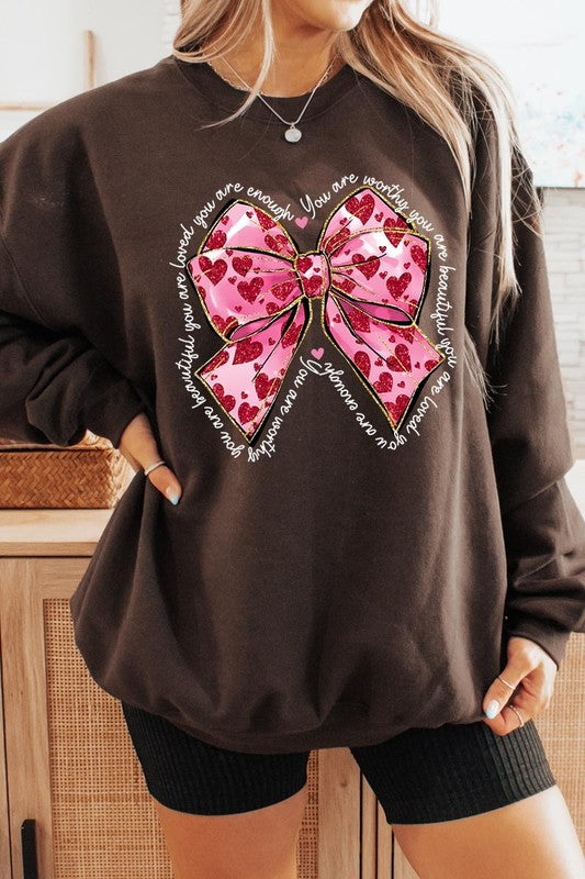 Valentine Bow Faux Glitter Graphic Plus Sweatshirt