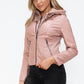 Snobbish Faux Leather Zip Up Drawstring Hooded Jacket