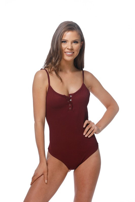 Solid Ripped One Piece Swimsuit w/Button