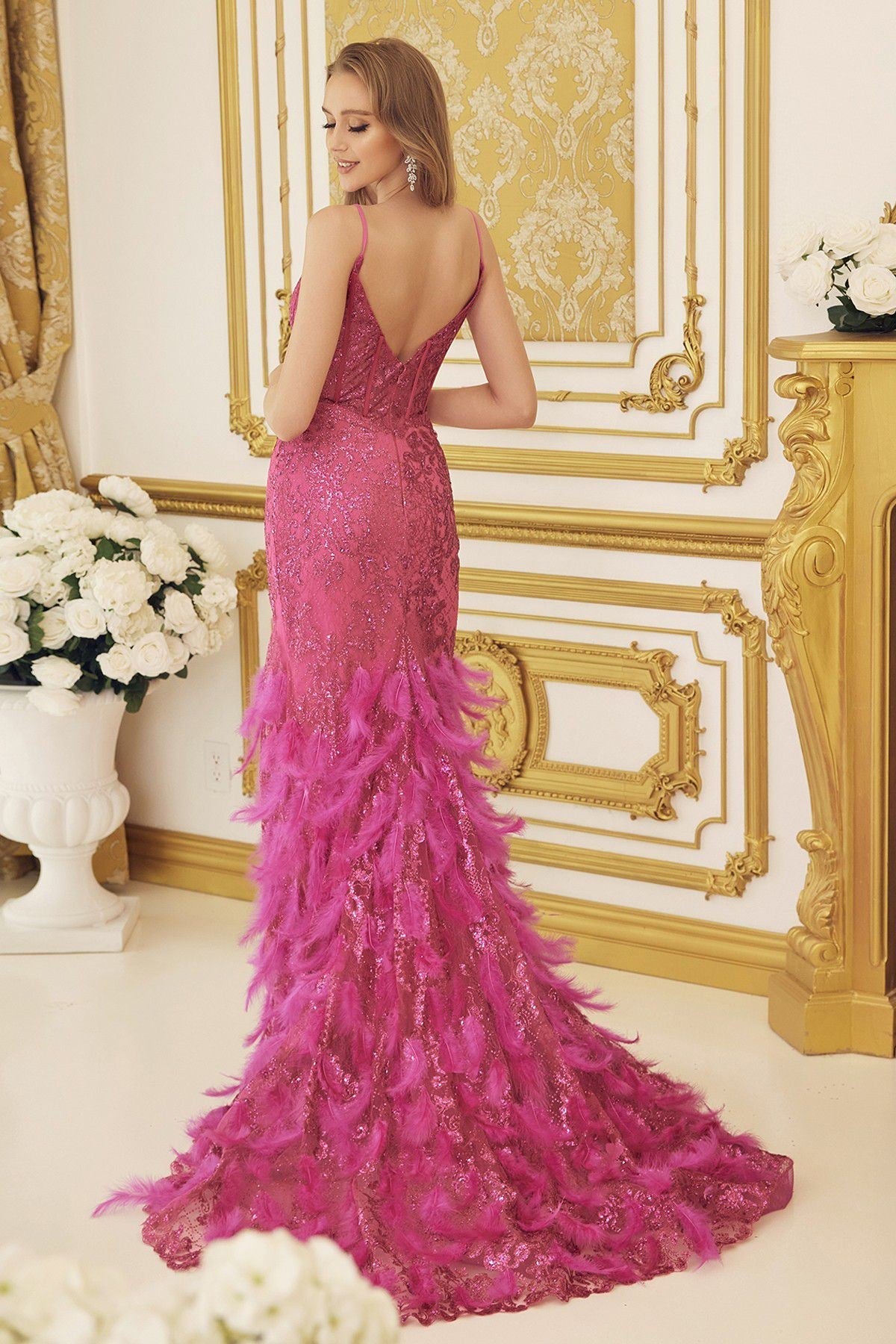 Embellished Feather Skirt V-Neck Open V-Back Side Slit Long Prom Dress NXC1119_6