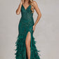 Embellished Feather Skirt V-Neck Open V-Back Side Slit Long Prom Dress NXC1119_13