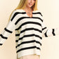 Davi & Dani High-Low Side Slit Striped Johnny Collar Sweater