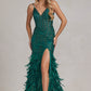 Embellished Feather Skirt V-Neck Open V-Back Side Slit Long Prom Dress NXC1119_12