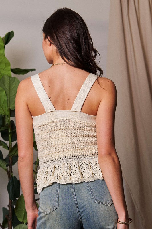 Davi & Dani Crochet Wide Strap Peplum Knit Tank