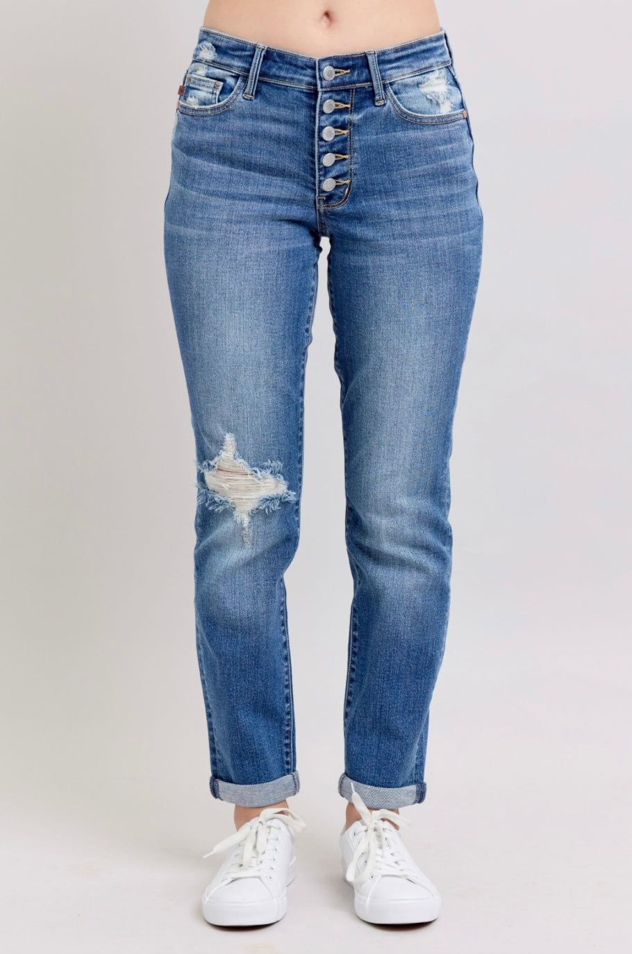 Judy Blue Medium Denim Mid Rise Boyfriend Fit Button Jeans