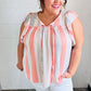 Coral & Light Blue Stripe Waffle Tie Neck Top