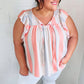 Coral & Light Blue Stripe Waffle Tie Neck Top