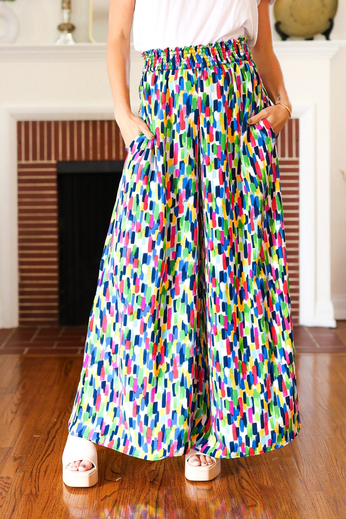 Stand Out Navy & Green Abstract Print Smocked Waist Palazzo Pants