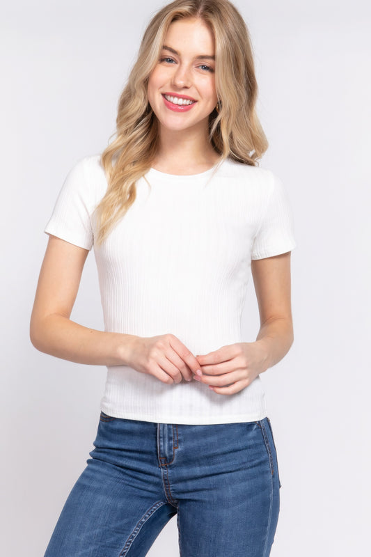 Short Sleeve Crew Neck Variegated Rib Knit Top