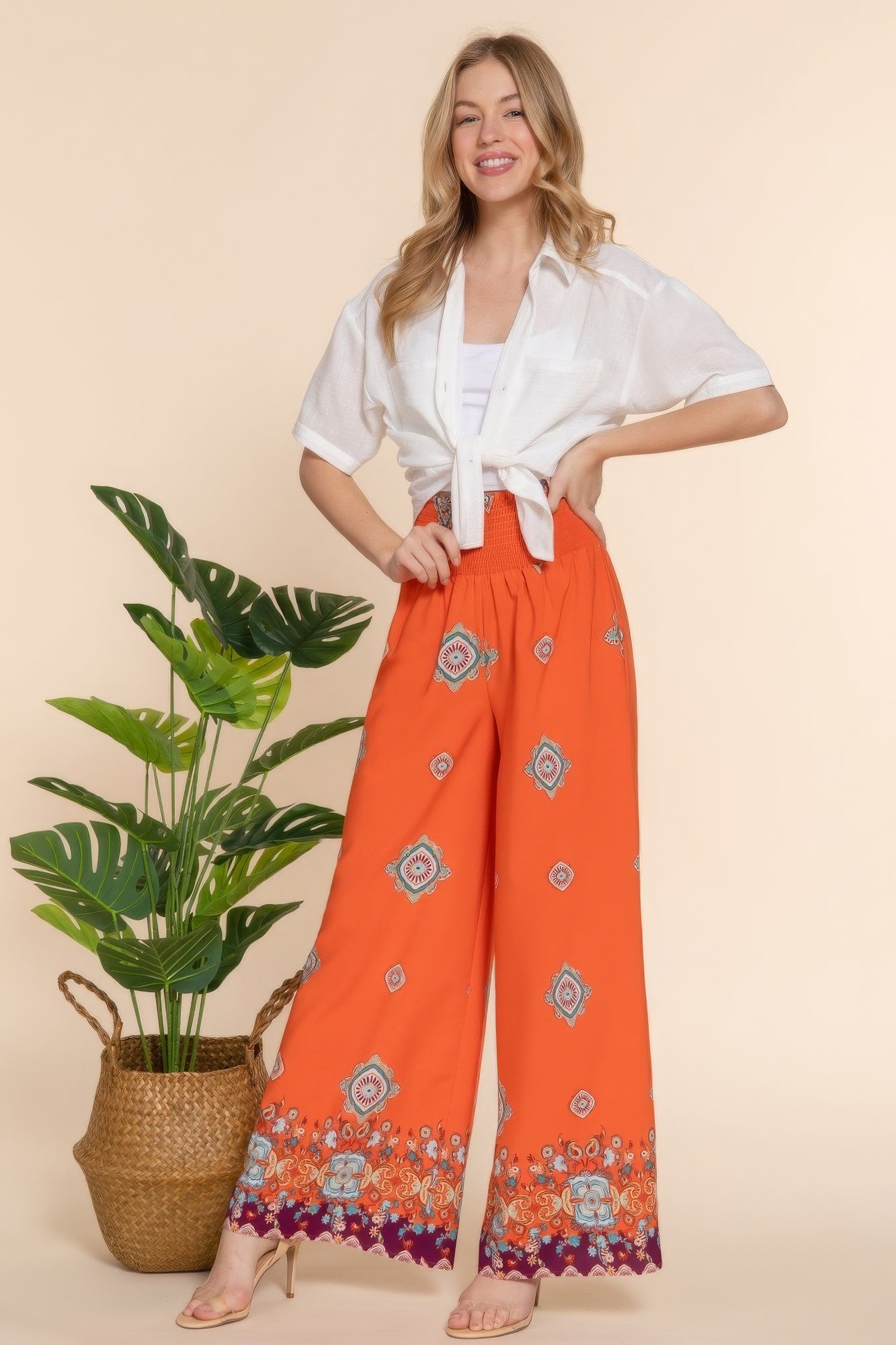 Wide Leg Border Print Woven Pants