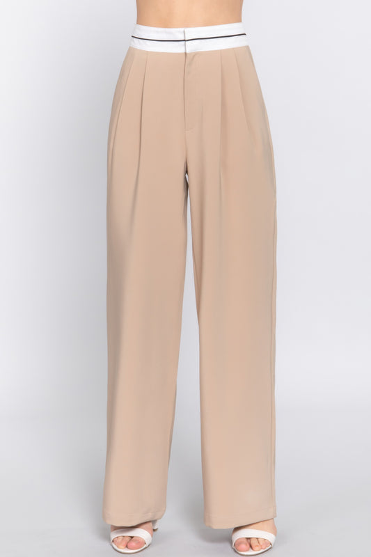 Contrast Waistband Straight Long Pants