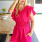 Feeling Femme' Fuchsia Smocked Waist V Neck Flutter Sleeve Romper