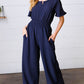 Dark Blue Smocked Waist Notch Neck Crepe Jumpsuit