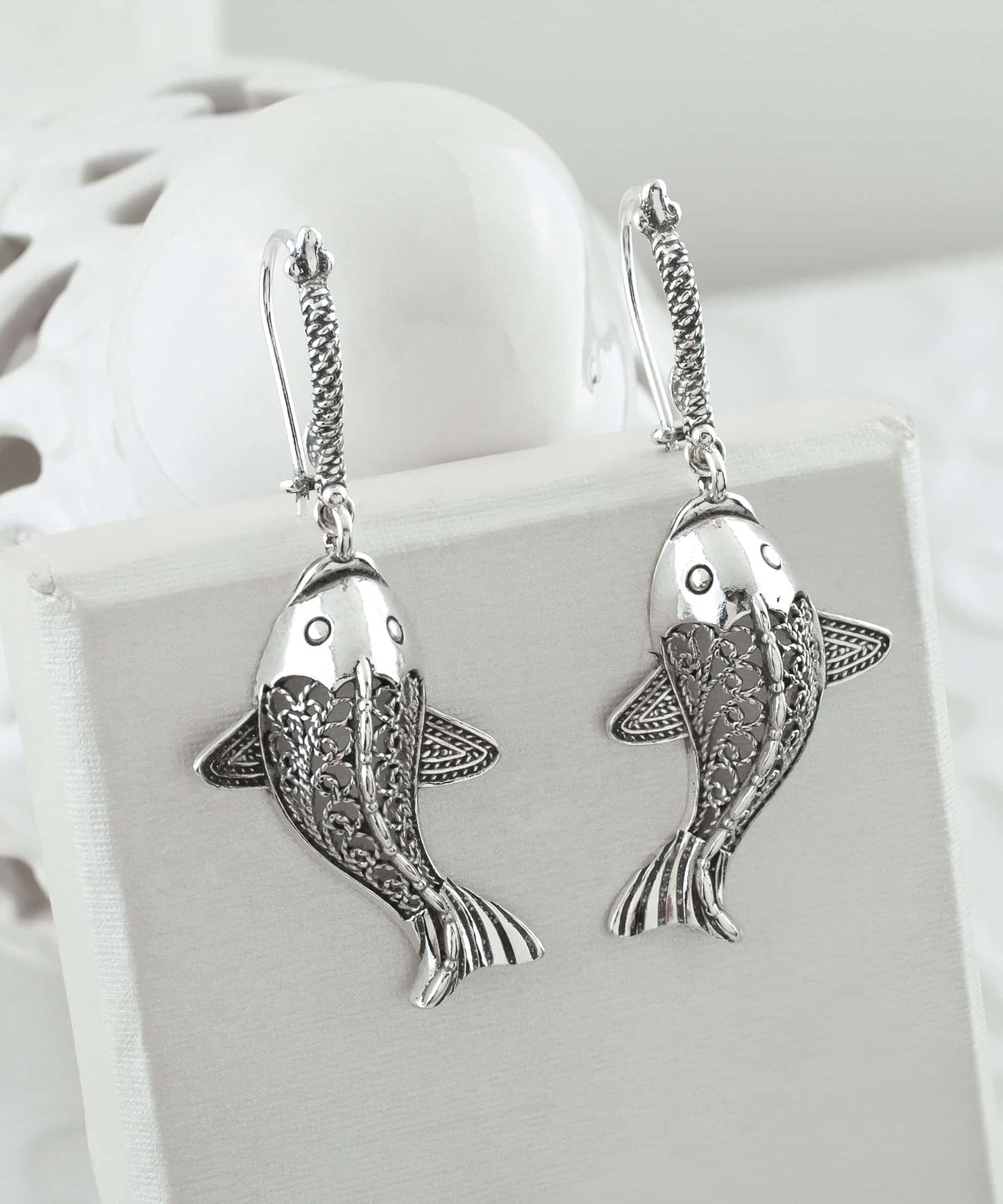 Filigree Art Fish Silver Dangle Earrings