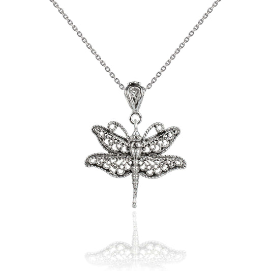 Filigree Art Dragonfly Design Women Silver Pendant Necklace