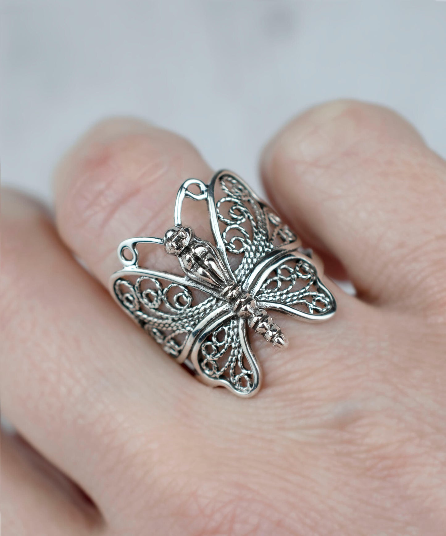 Filigree Art Butterfly Design Woman Silver Statement Ring