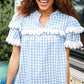 Lost In Love Cotton Blue Gingham Shirred Mock Neck Top