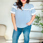 Lost In Love Cotton Blue Gingham Shirred Mock Neck Top