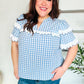 Lost In Love Cotton Blue Gingham Shirred Mock Neck Top