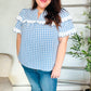 Lost In Love Cotton Blue Gingham Shirred Mock Neck Top