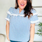 Lost In Love Cotton Blue Gingham Shirred Mock Neck Top