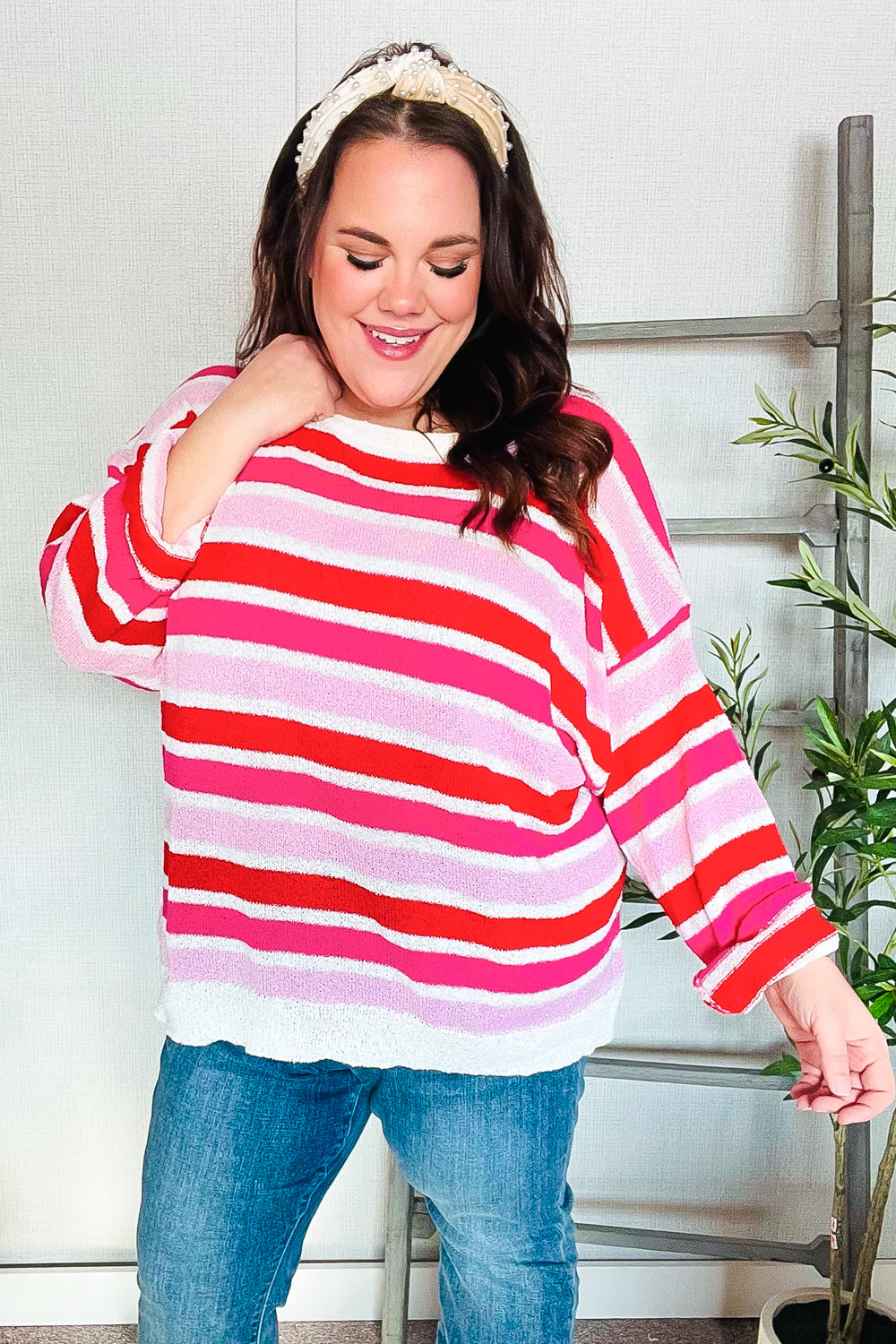 Follow Me Red/Pink Loose Knit Stripe Ribbed Pullover