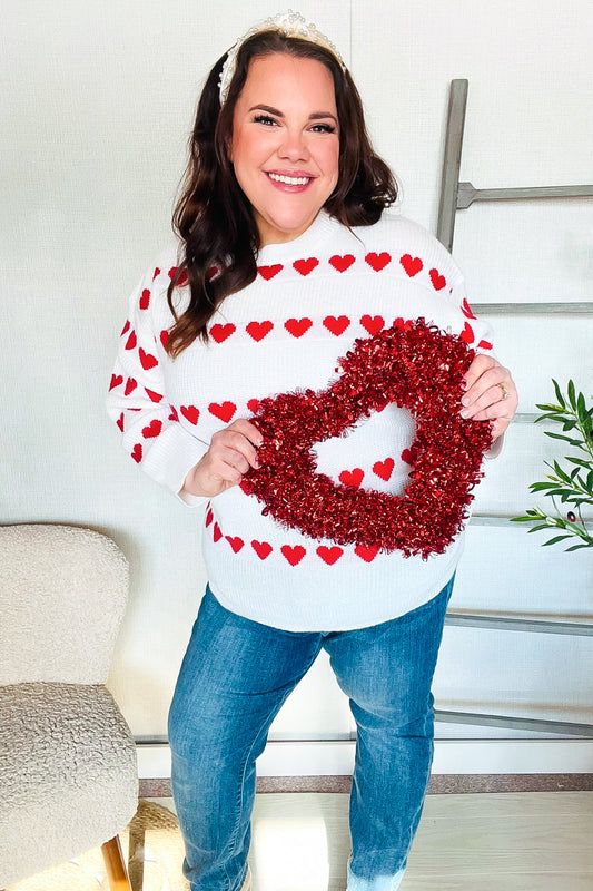 Be Mine White Jacquard Heart Stripe Pullover Sweater