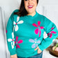 Adorable Turquoise Daisy Flower Jacquard Pullover Sweater