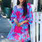 Lock Eyes Blue Big Floral Print Smocked Bubble Sleeve Dress