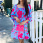 Lock Eyes Blue Big Floral Print Smocked Bubble Sleeve Dress