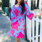 Lock Eyes Blue Big Floral Print Smocked Bubble Sleeve Dress