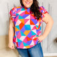 Feeling Bold Multicolor Geo Print Mock Neck Flutter Sleeve Top