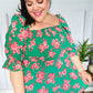 Sumptuous In Smocked Green & Coral Flower Print Babydoll Top