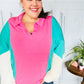 Stand Out Hot Pink & Mint V Neck Collared Terry Color Block Top