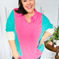 Stand Out Hot Pink & Mint V Neck Collared Terry Color Block Top