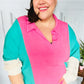 Stand Out Hot Pink & Mint V Neck Collared Terry Color Block Top