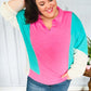 Stand Out Hot Pink & Mint V Neck Collared Terry Color Block Top