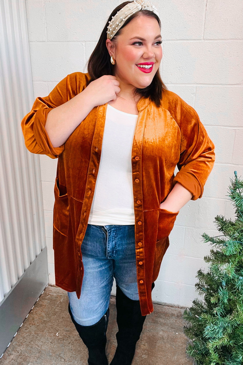 Dazzling Rust Velvet Button Down Tunic Top