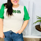 Lucky Sequin Clover Oatmeal Cable Knit Puff Sleeve Top