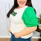 Lucky Sequin Clover Oatmeal Cable Knit Puff Sleeve Top