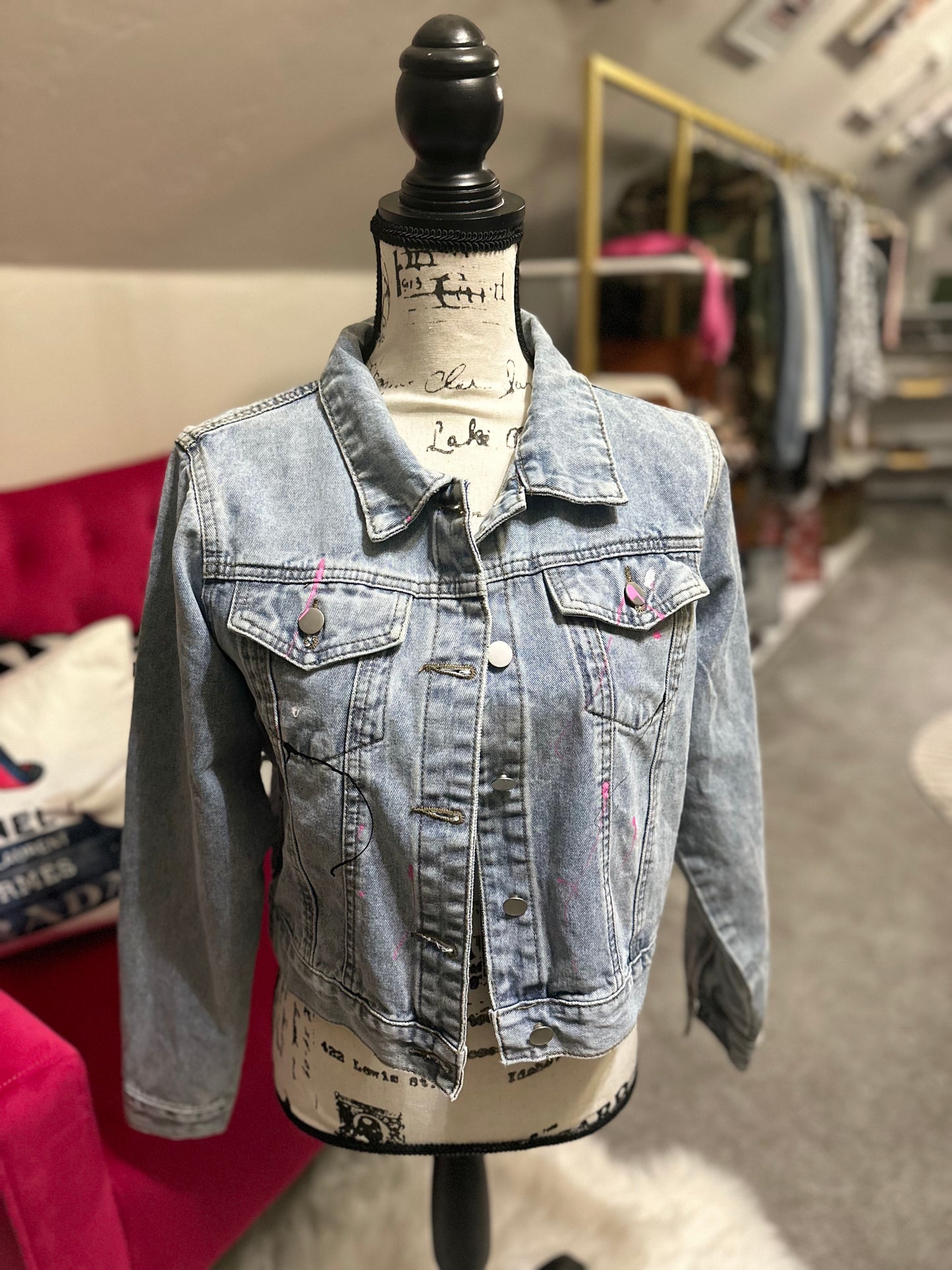 One-of-a-Kind Custom Denim Jacket with Pink Ribbon