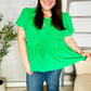 Casual Chic Green Bow Tie Detail Folded Puff Sleeve Babydoll Top