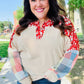 Feeling Femme Oatmeal Plaid Floral Color Block Notch Neck Top