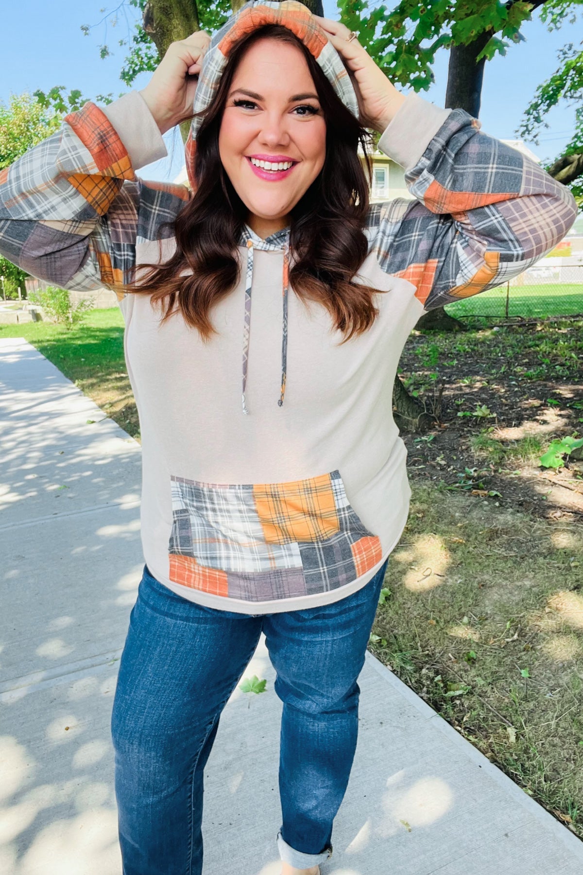 Autum Vibes Orange & Taupe Plaid Terry Kangaroo Pocket Hoodie