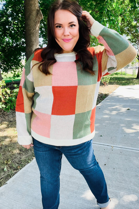 Be Bold Ivory & Rust Checker Jacquard Knit Sweater