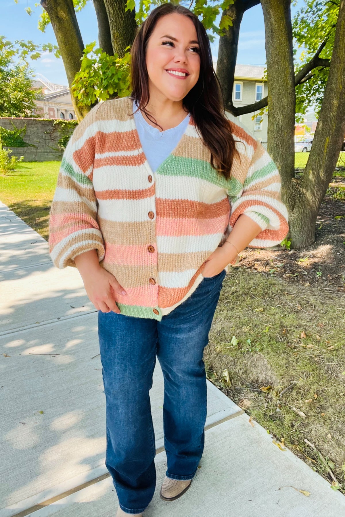 Fall Vibes Taupe & Sage Stripe Button Down Cardigan