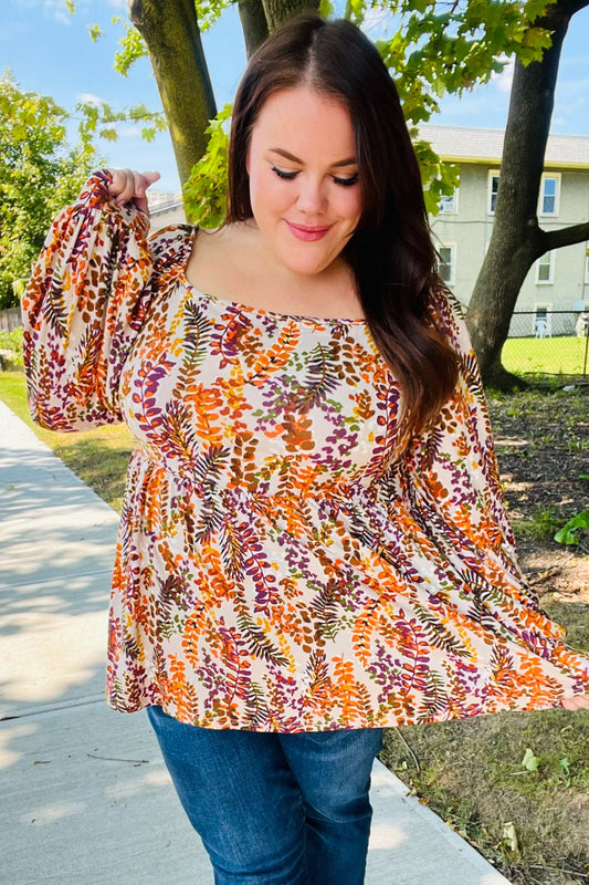 Fall in Love Taupe & Rust Floral Print Babydoll Bubble Sleeve Top