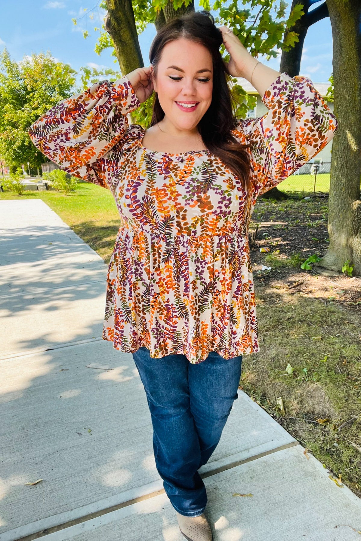 Fall in Love Taupe & Rust Floral Print Babydoll Bubble Sleeve Top