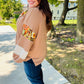Charming Caramel Floral Print Colorblock Notch Neck Top