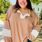 Charming Caramel Floral Print Colorblock Notch Neck Top
